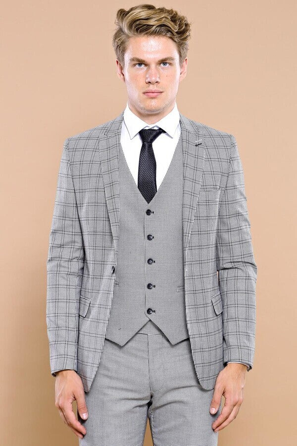 Traje de hombre con chaleco a cuadros grises | Wessi