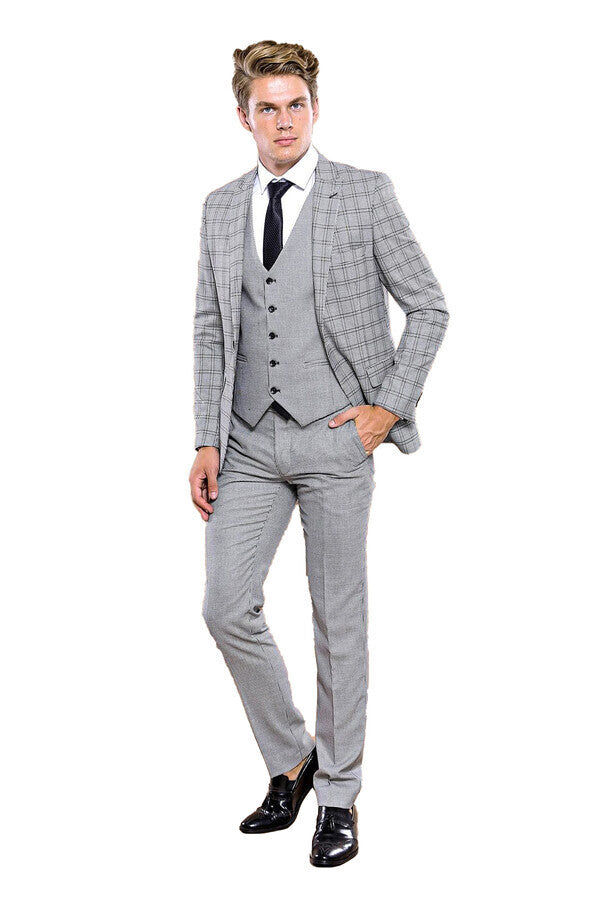 Traje de hombre con chaleco a cuadros grises | Wessi