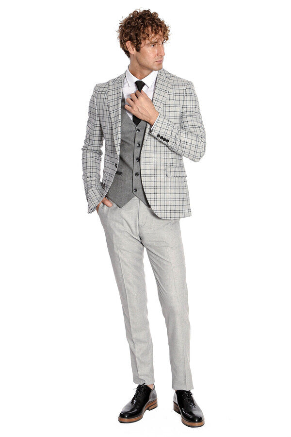 Traje gris claro a cuadros con corte entallado y chaleco para hombre - Wessi