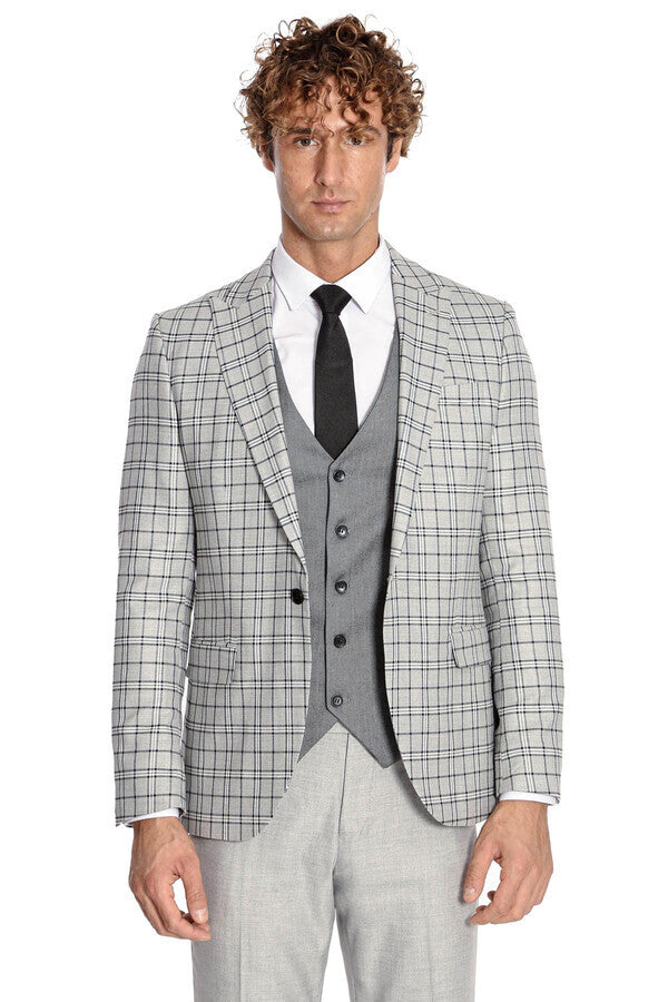 Traje gris claro a cuadros con corte entallado y chaleco para hombre - Wessi