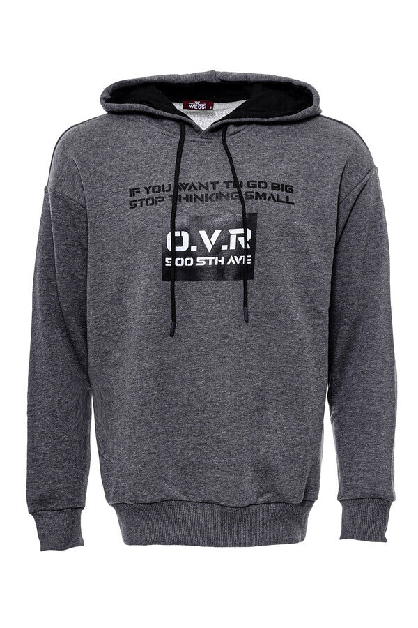 Kapüşonlu Cepli Baskılı Koyu Gri Sweatshirt - Wessi