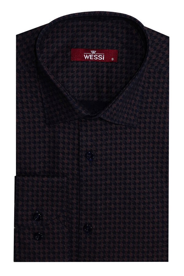 Kahverengi Houndstooth Desenli Slim Fit Erkek Gömlek - Wessi
