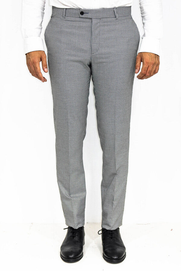 Houndstooth Pants Mens Black And White Checked Trousers Elastic