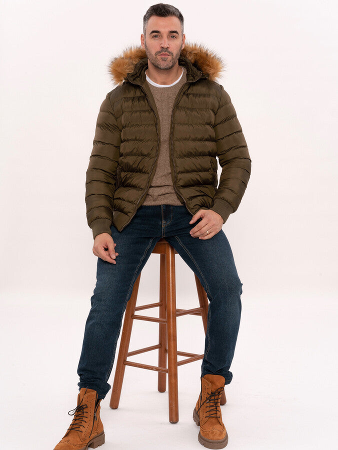 Khaki Fur Hooded Men's Puffer Coat - Wessi