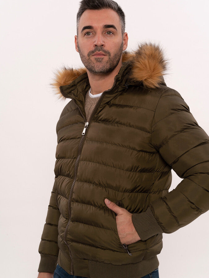 Khaki Fur Hooded Men's Puffer Coat - Wessi