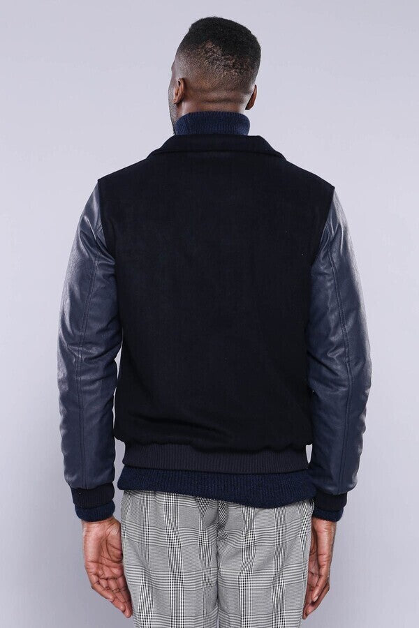 Leather Sleeve Navy Blue Cachet Coat | Wessi