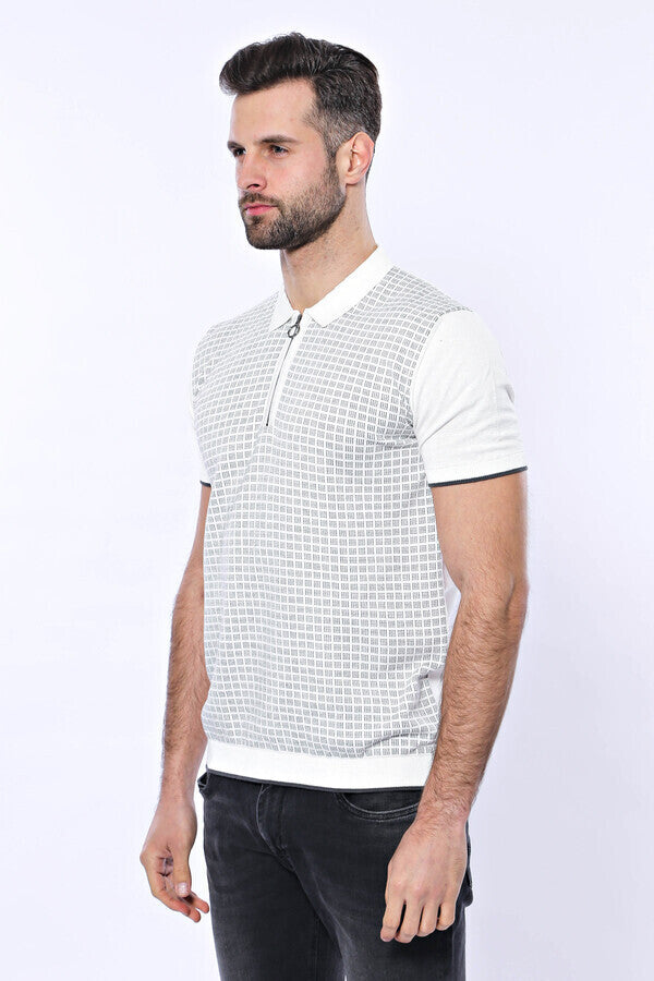 Polo de punto con cremallera y cuadros en gris claro | Wessi