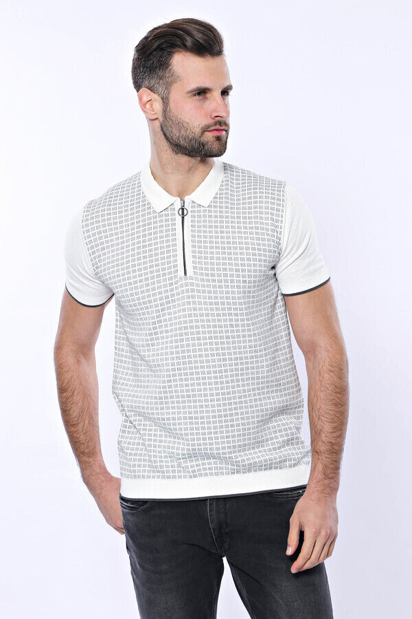 Polo de punto con cremallera y cuadros en gris claro | Wessi