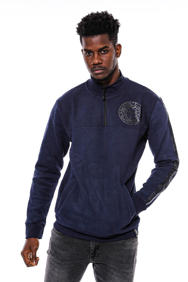 Sudadera azul marino de corte entallado y cuello mandarín - Wessi