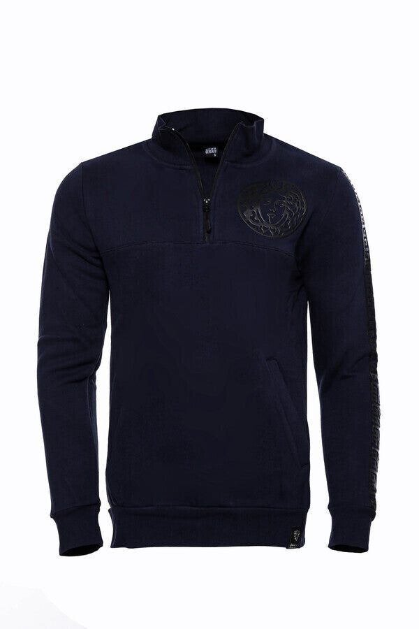 Sudadera azul marino de corte entallado y cuello mandarín - Wessi
