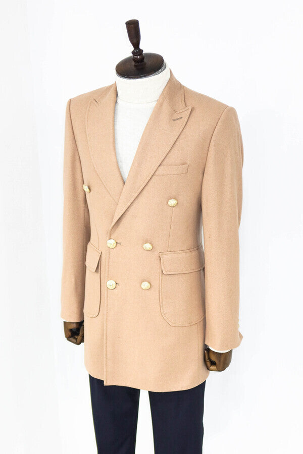 Metal Buttoned Double Breasted Cream Men Coat - Wessi