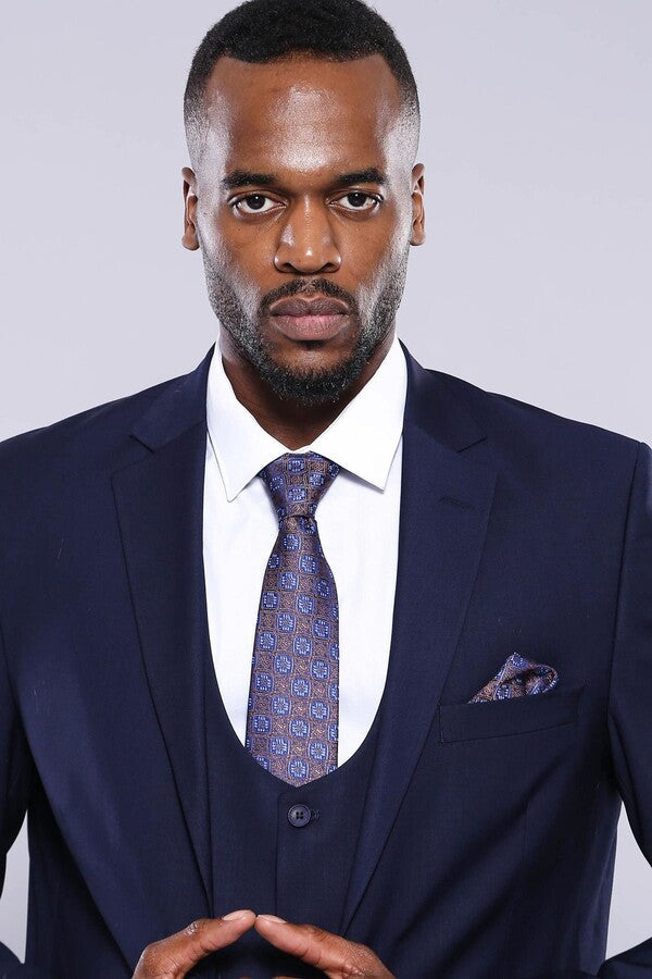 Navy Blue Plain 3-Piece Suit with Vest | Wessi