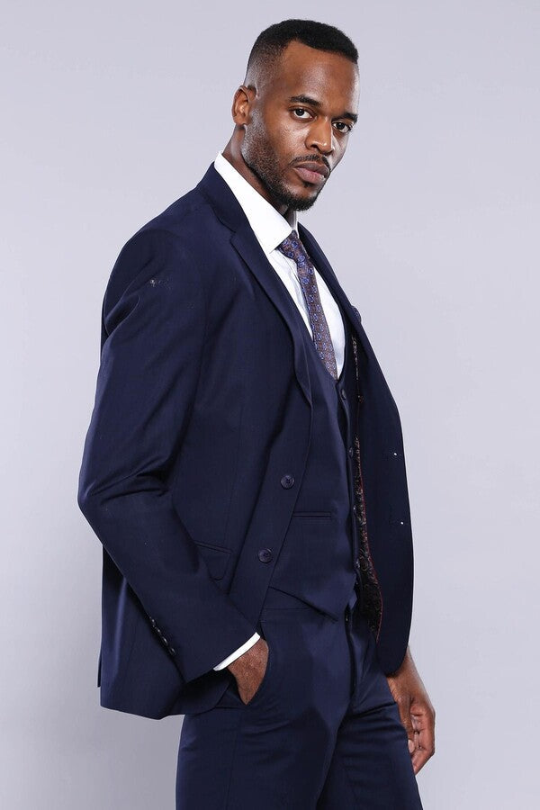Navy Blue Plain 3-Piece Suit with Vest | Wessi