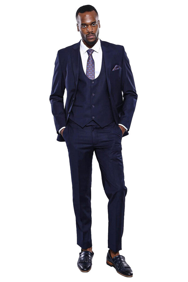 Navy Blue Plain 3-Piece Suit with Vest | Wessi