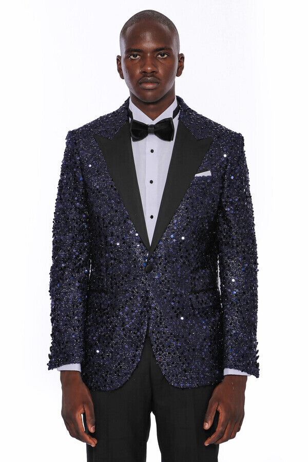 Blazer de fiesta con estampado de lentejuelas azul marino | Wessi