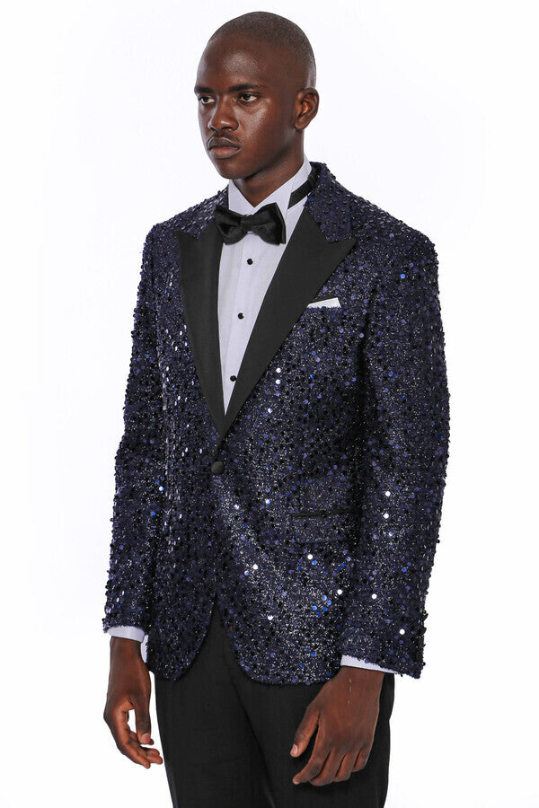Blazer de fiesta con estampado de lentejuelas azul marino | Wessi
