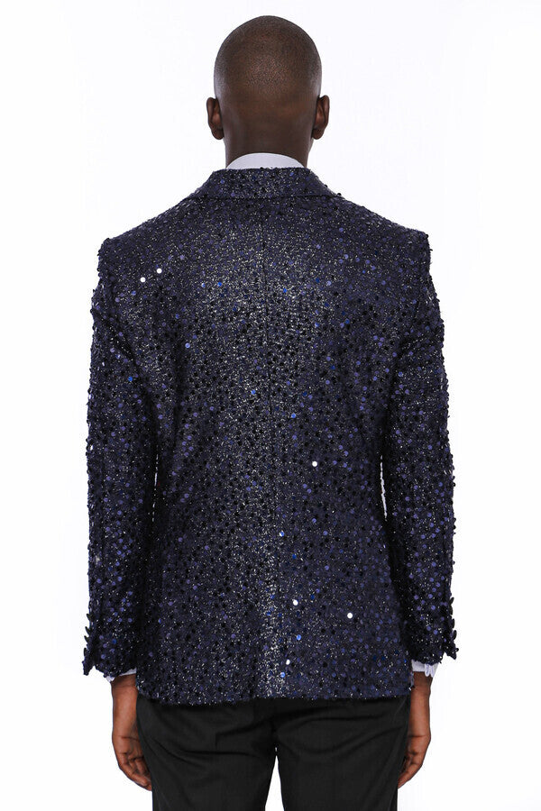 Blazer de fiesta con estampado de lentejuelas azul marino | Wessi