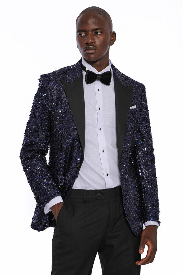 Blazer de fiesta con estampado de lentejuelas azul marino | Wessi