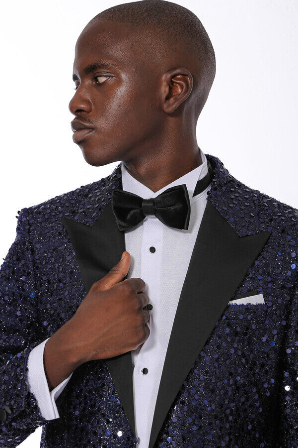 Blazer de fiesta con estampado de lentejuelas azul marino | Wessi