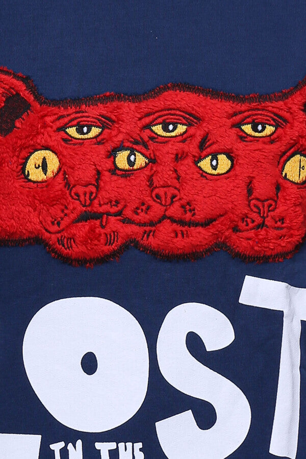 Sudadera con cuello circular y estampado de gato en color azul marino - Wessi