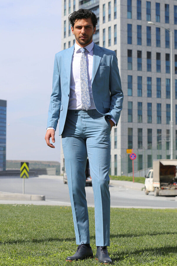 Desenli 2 Parça Slim Fit Yağ Yeşili Erkek Takım Elbise - Wessi