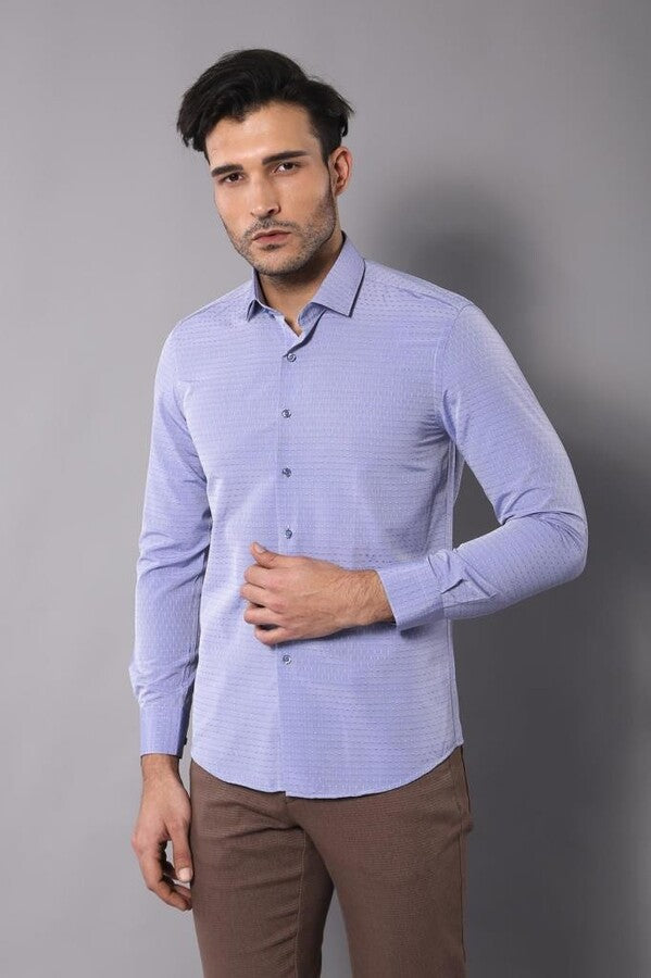 Patterned Blue Men's Long Sleeve Shirt | Wessi