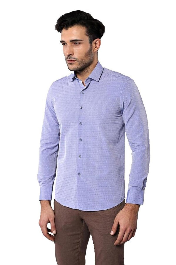 Patterned Blue Men's Long Sleeve Shirt | Wessi
