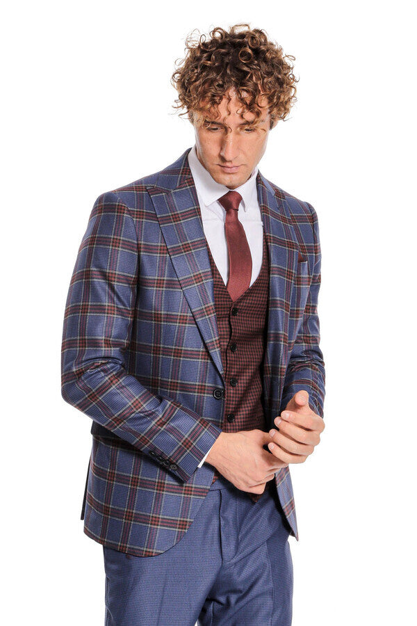 Traje de hombre azul ajustado con estampado de cuadros - Wessi