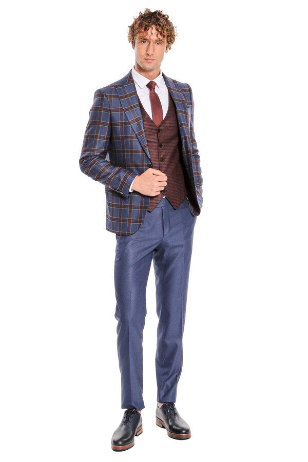 Traje de hombre azul ajustado con estampado de cuadros - Wessi
