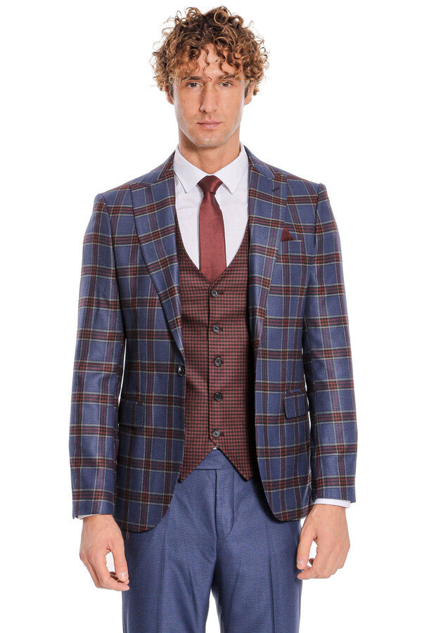 Traje de hombre azul ajustado con estampado de cuadros - Wessi