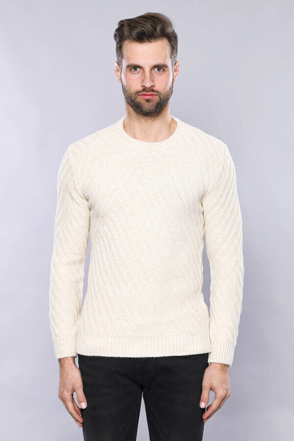 Patterned Circle Neck Cream Sweater | Wessi