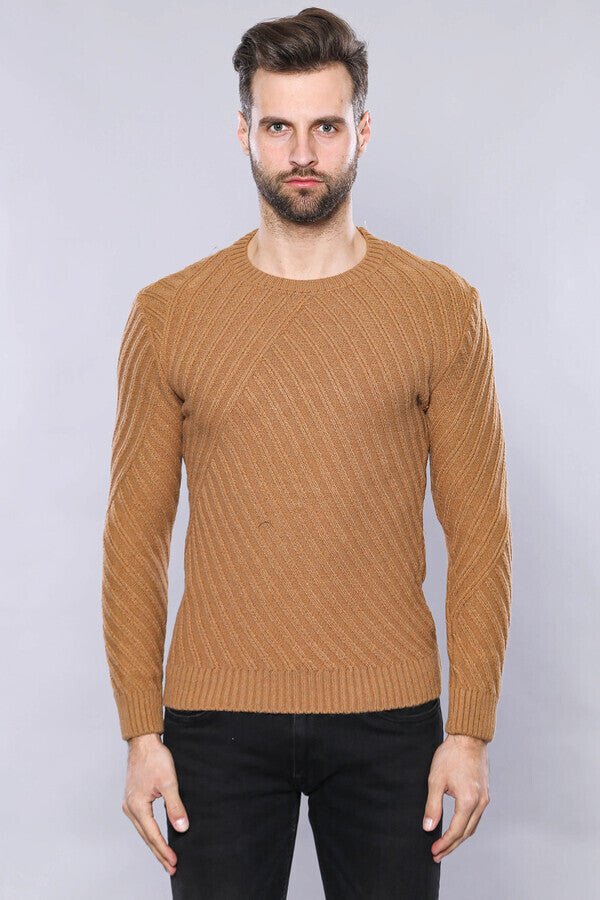 Patterned Circle Neck Tawny Sweater | Wessi