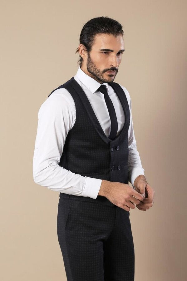 Conjunto de pantalón y chaleco con doble botonadura y estampado azul marino para hombre - Wessi