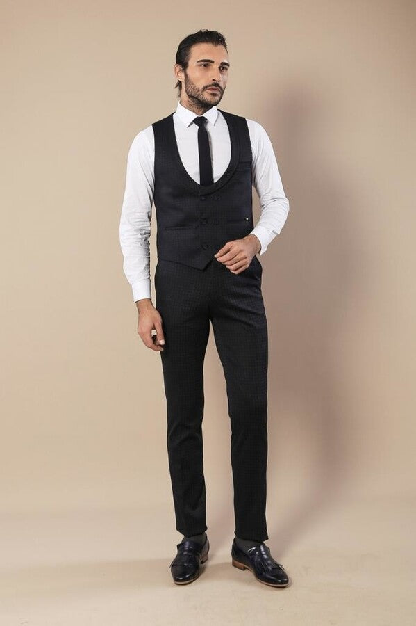 Conjunto de pantalón y chaleco con doble botonadura y estampado azul marino para hombre - Wessi