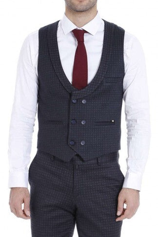 Conjunto de pantalón y chaleco con doble botonadura y estampado azul marino para hombre - Wessi