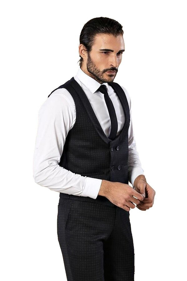 Conjunto de pantalón y chaleco con doble botonadura y estampado azul marino para hombre - Wessi