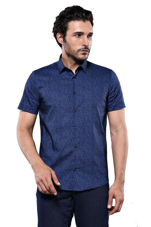 Camisa estampada de manga corta azul marino para hombre - Wessi