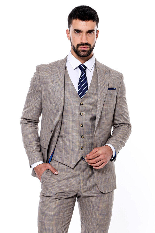 Traje de hombre beige ajustado con estampado y chaleco - Wessi