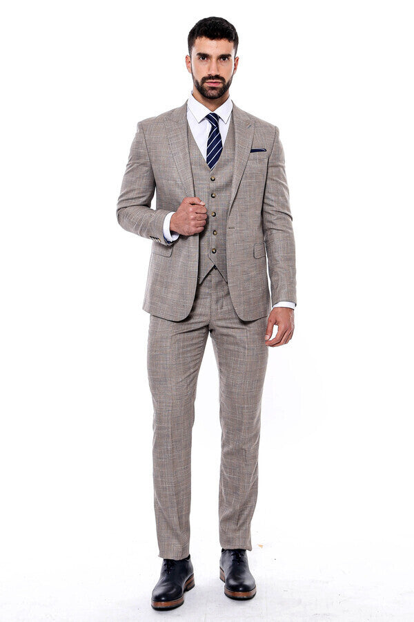 Traje de hombre beige ajustado con estampado y chaleco - Wessi
