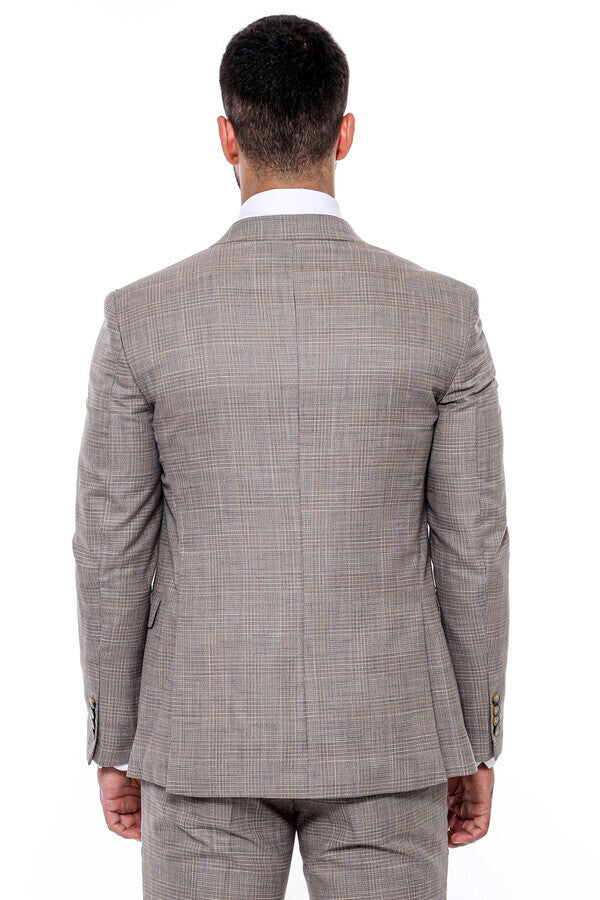 Traje de hombre beige ajustado con estampado y chaleco - Wessi