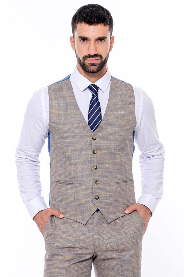 Traje de hombre beige ajustado con estampado y chaleco - Wessi