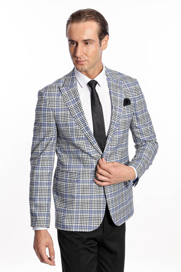 Blazer azul y negro ajustado a cuadros para hombre - Wessi