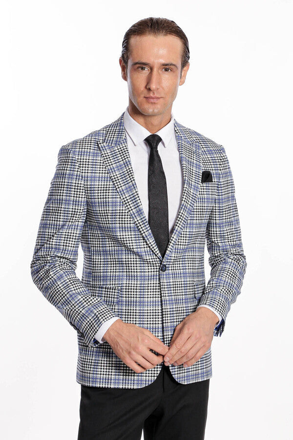 Blazer azul y negro ajustado a cuadros para hombre - Wessi