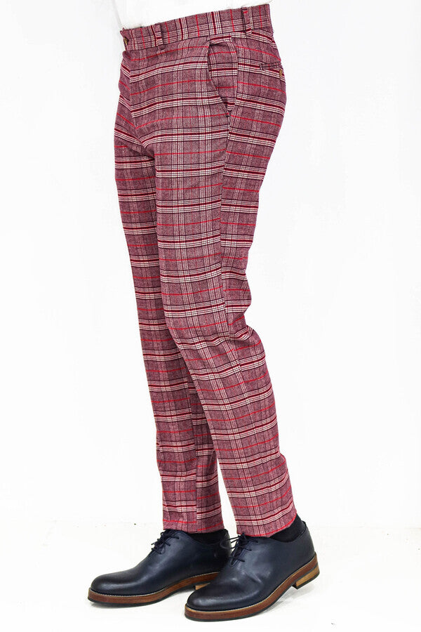 Ekose Dar Kesim Bordo Erkek Pantolon - Wessi
