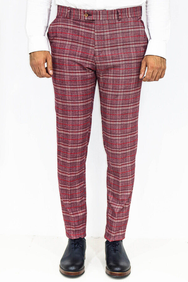 Ekose Dar Kesim Bordo Erkek Pantolon - Wessi