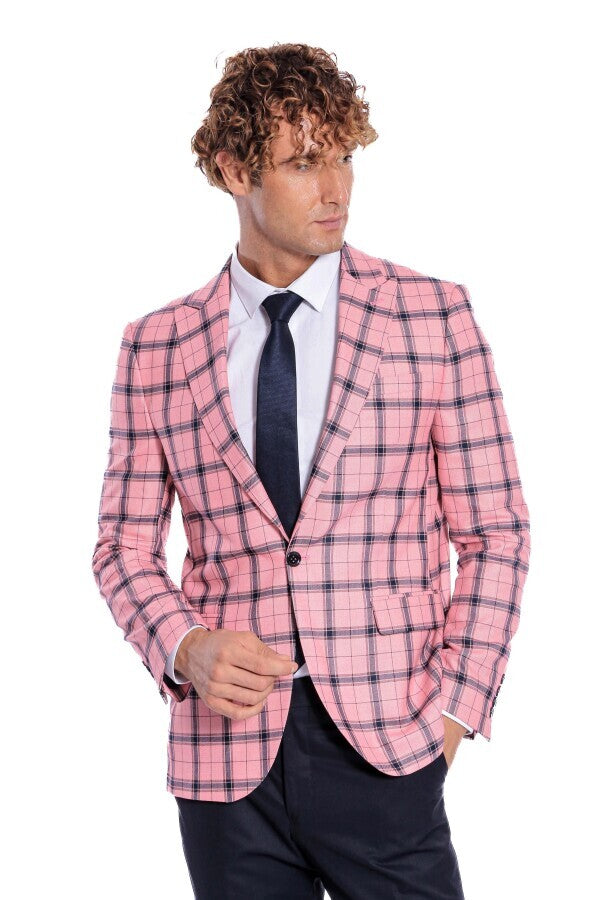 Blazer ajustado a cuadros rosa para hombre - Wessi
