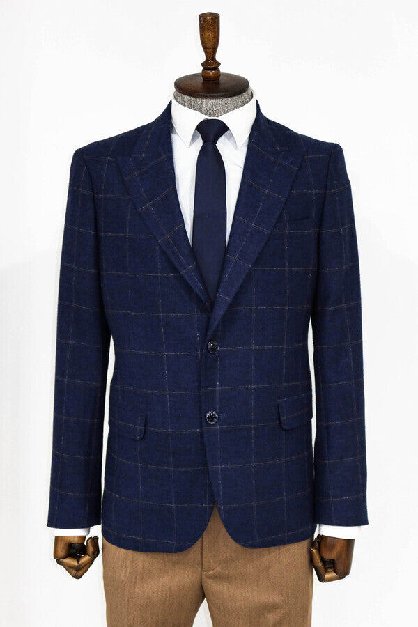 Blazer de lana a cuadros azul marino para hombre - Wessi