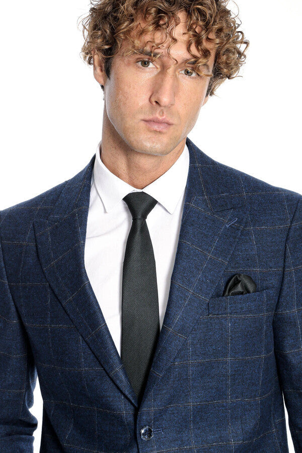 Blazer de lana a cuadros azul marino para hombre - Wessi