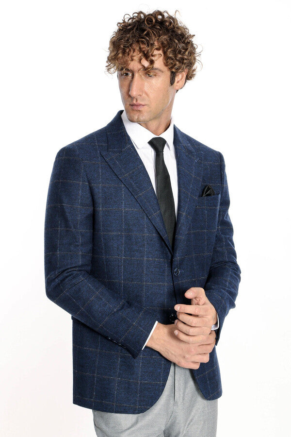 Blazer de lana a cuadros azul marino para hombre - Wessi