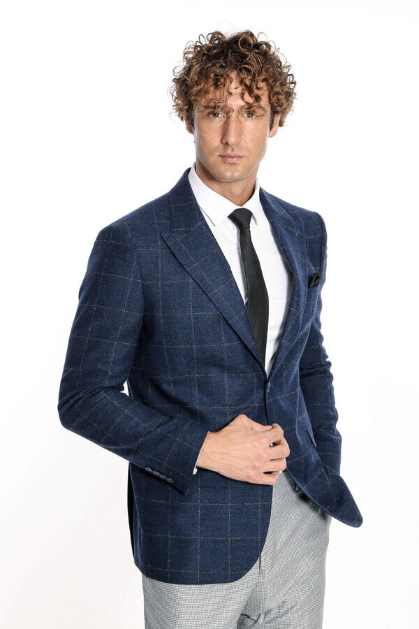 Blazer de lana a cuadros azul marino para hombre - Wessi
